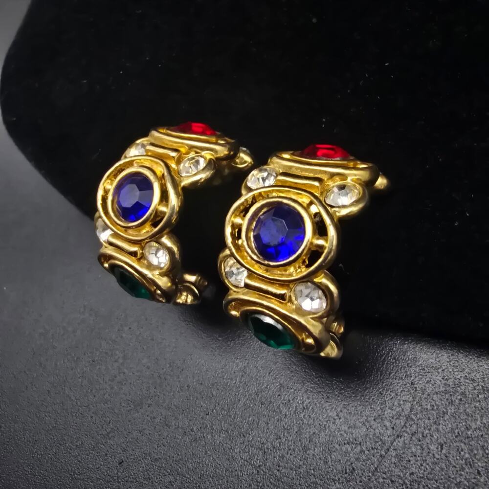 Gripoix Colorful Rhinestone Clip On Hoop Earrings Gold Tone Vintage 1980s